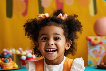 A little girl at a birthday party has a large grin. She's wearing orange and white striped bows in her hair.