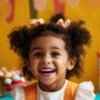 A little girl at a birthday party has a large grin. She's wearing orange and white striped bows in her hair.