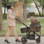 A woman wearing professional attire and high heels while pushing a stroller outside. She is talking on a cell phone.