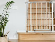 A wooden staircase with a white baby gate installed at the bottom. There is a green plant in a basket next to the stairs.