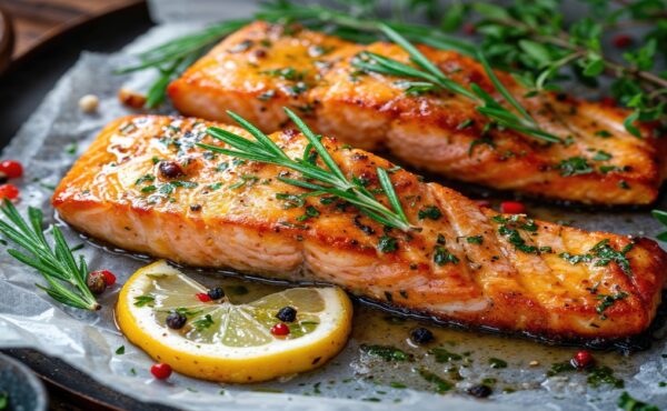 Two baked salmon filets on tinfoil with rosemary and lemon as garnish. There's a currant and pepper glaze over the top.