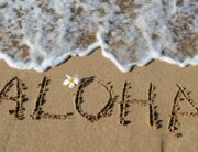 The word aloha is written in capital letters in the sand on a beach, with a white tropical flower and a wave crashing.