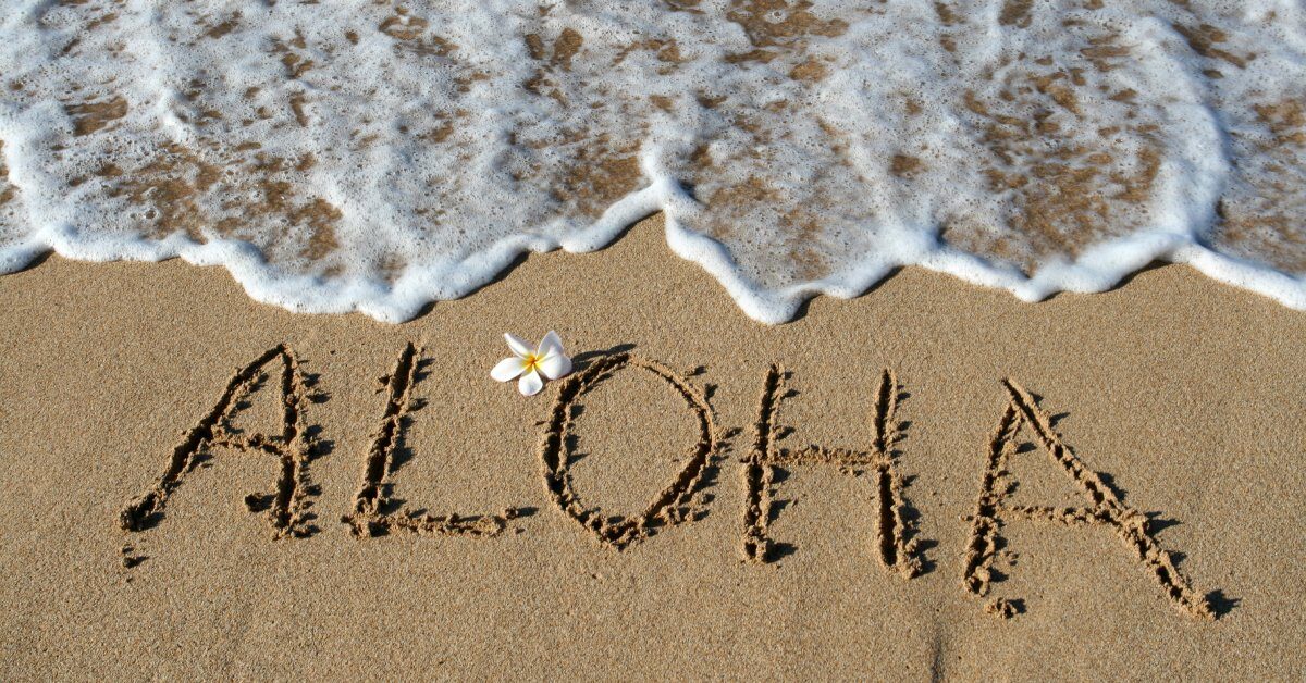 The word aloha is written in capital letters in the sand on a beach, with a white tropical flower and a wave crashing.