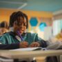 A young Black boy sits at his desk in the classroom as he writes with a blue utensil. He's writing and smiling.